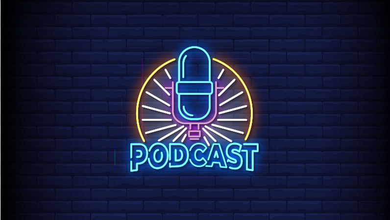 neon sign on a dark brick background that shows a microphone and reads "podcast"