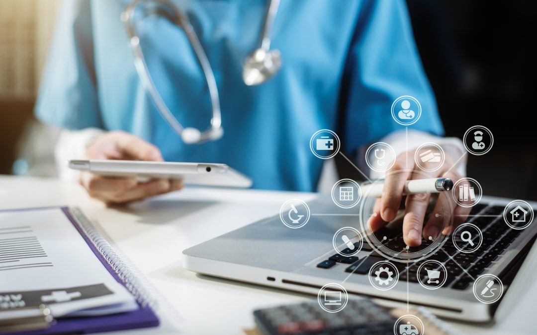 Veterinarian with hand working with computer